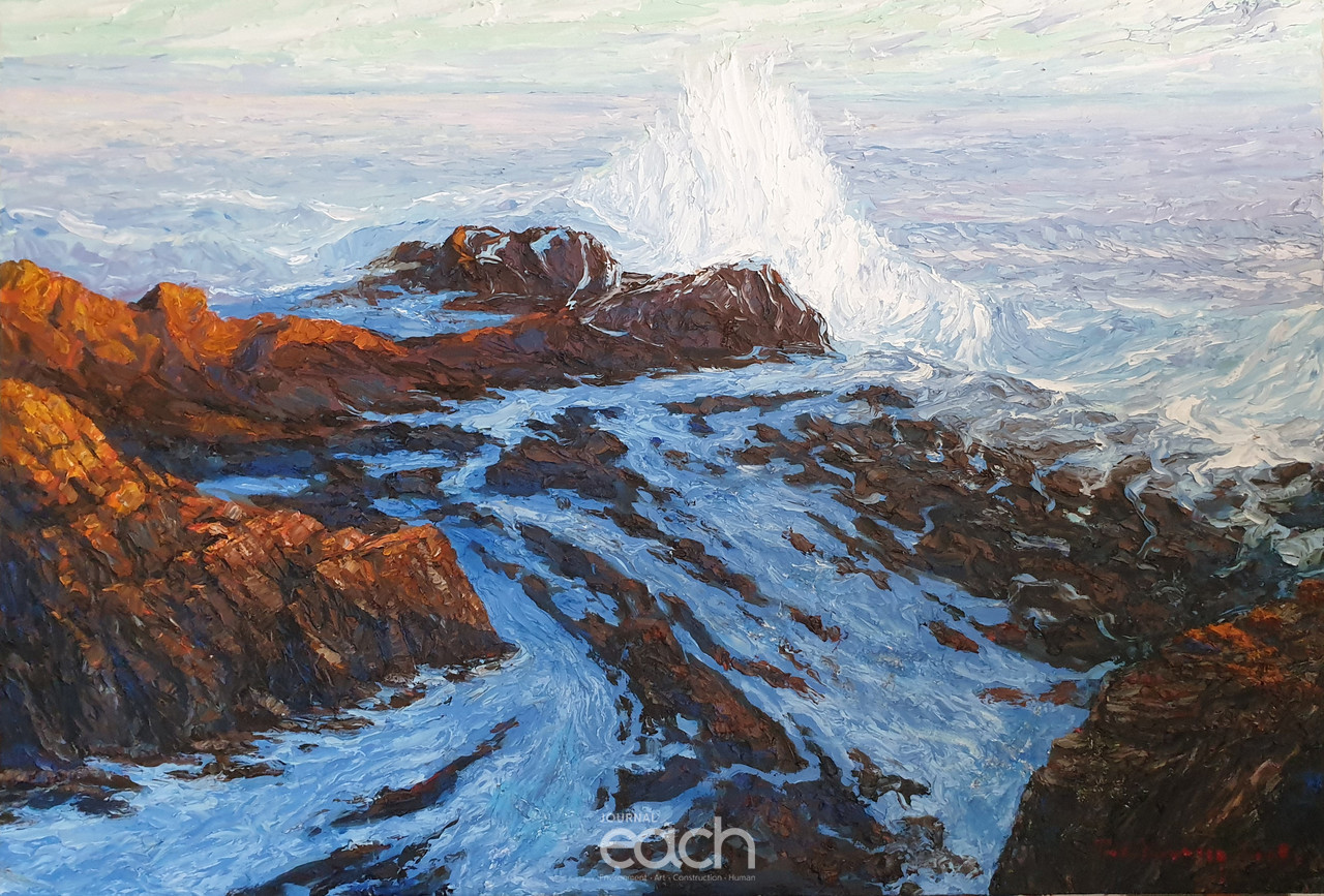 동트는 동해바다 oil on Canvas of Knife 161x97cm 2019