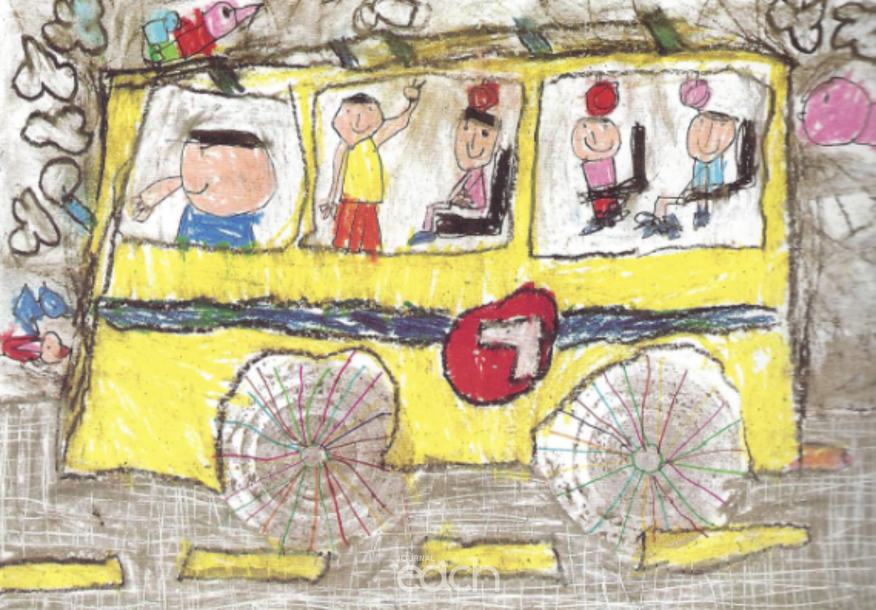 [그림3]아동들은 버스의 옆 모 습 을 그 리 면 서 버 스 의 방 향 관 찰 과 버스 속 안 의 사 람 들 을 그리기도 한다.(아동미술 표현의 좋은 그림 사례)