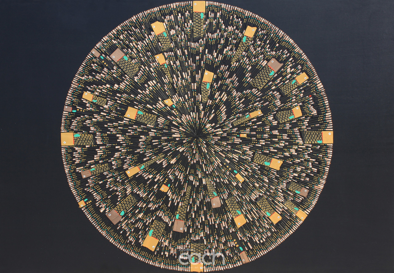 2019공칠일-가로165~세로111,5cm-장지에 호두나무조각, 아크릴릭-2019년작