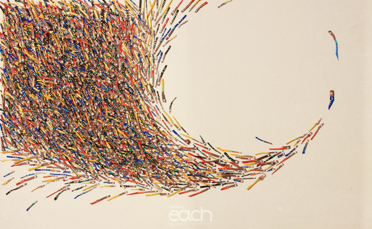 2019오색물고기065C-가로122~세로76,3cm-장지에 호두나무 조각, 아크릴릭-이정인-2019년작