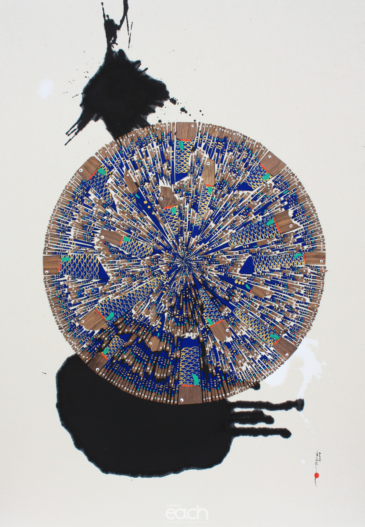 BLUE FISH-가로81cm~세로116cm-장지에 호두나무 조각, 아크릴릭, 먹-2018년작