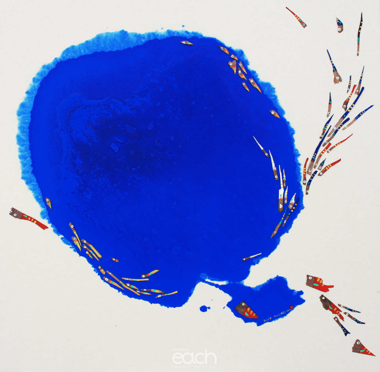 FISH1926-가로70~세로70cm-장지에 호두나무 조각, 아크릴릭-2019년작