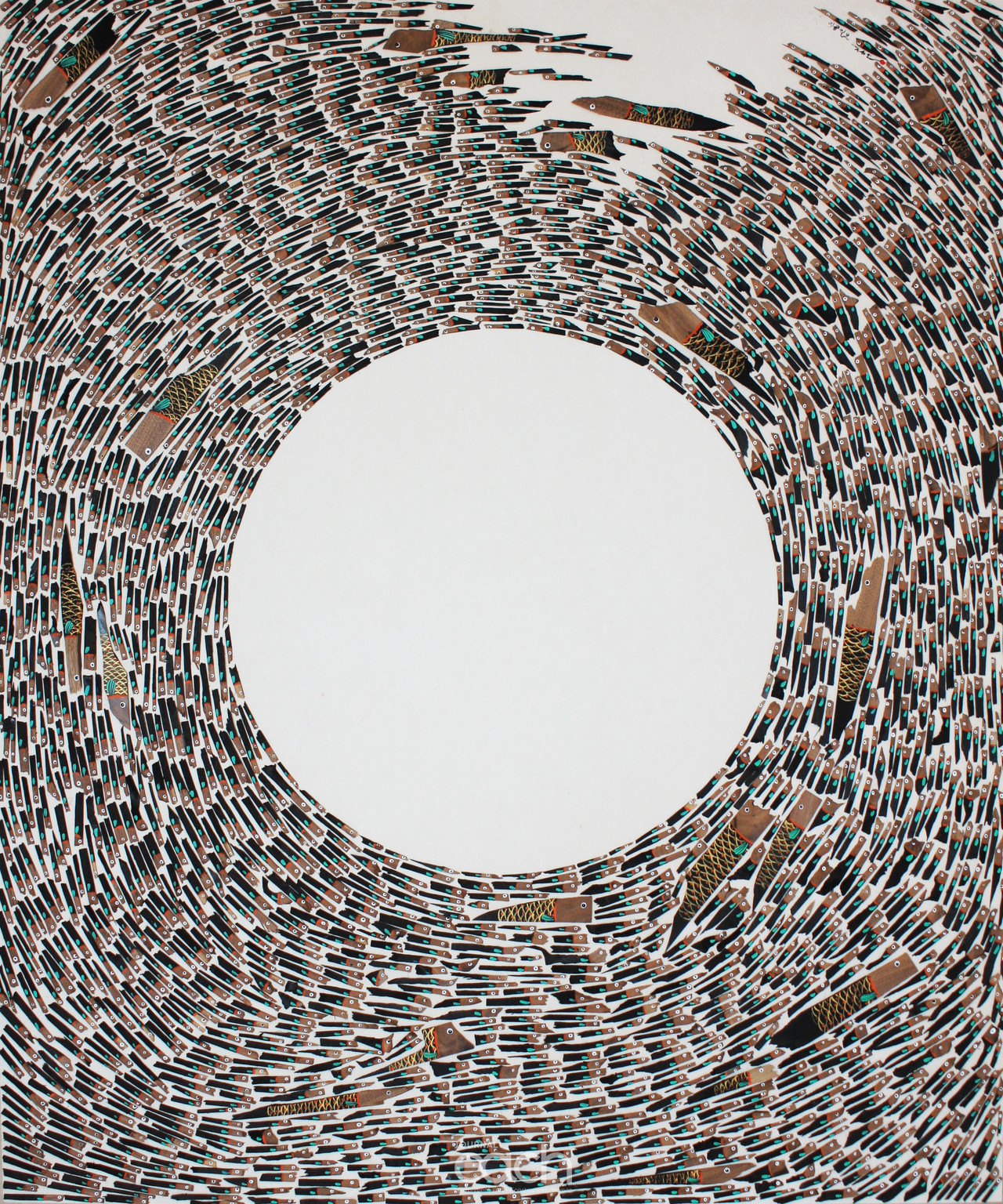 물고기를 구하다 -가로117~세로81cm-장지에 호두나무 조각, 아크릴릭-2017년작