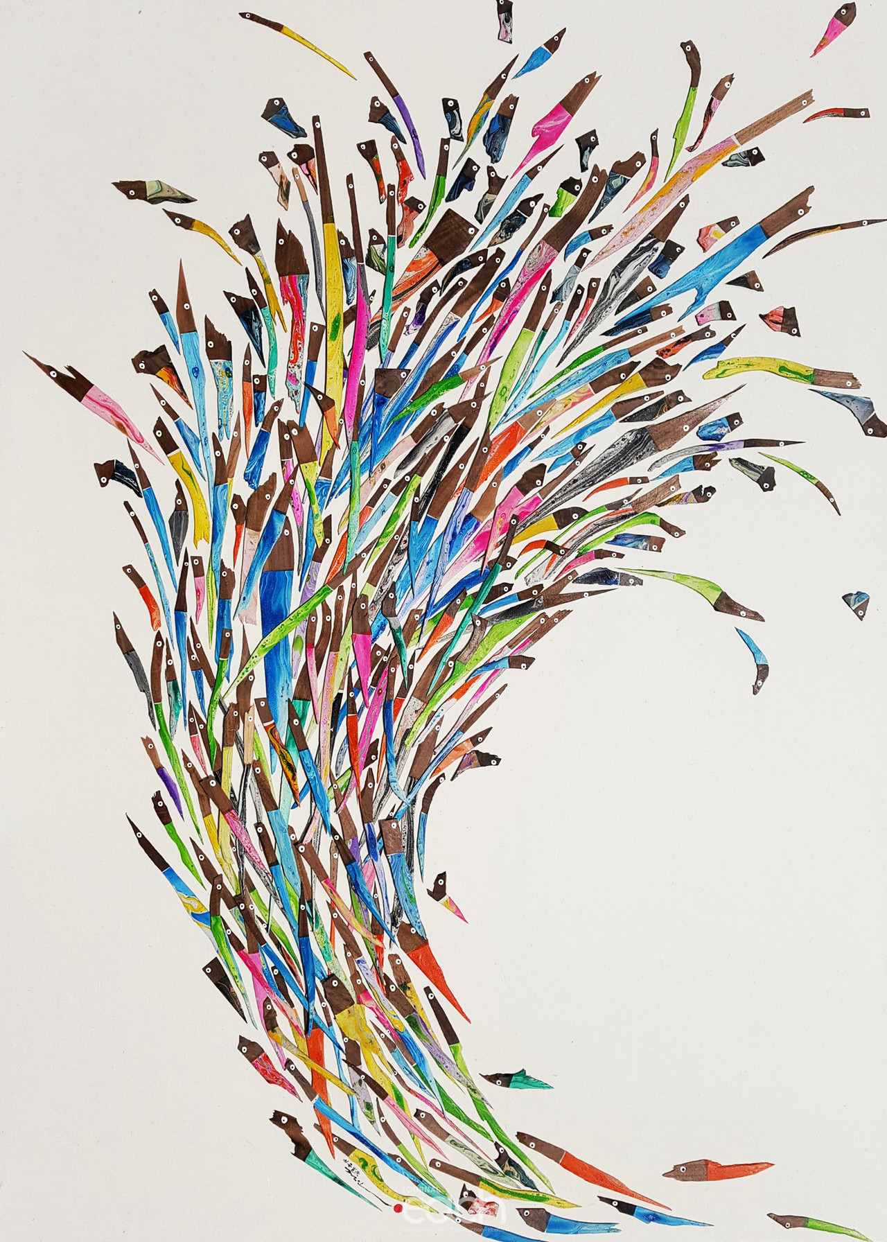 오색물고기-가로82.5cm~세로115cm-장지에 호두나무 조각,마블링-2016년작