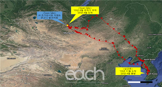 몽골 H5N6 큰고니 폐사체 발견 지점 및 이동경로(자료제공 - 국립환경과학원)