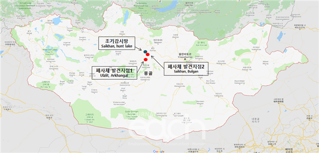 몽골 H5N6 큰고니 폐사체 발견 지점 및 이동경로(자료제공 - 국립환경과학원)