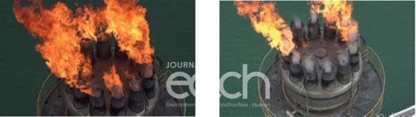 플레어스택 연소 사례(좌측 플레어스택 완전연소 사례, 우측 스팀과량 투입에 따른 불완전연소 사례)(자료제공 : 환경부)