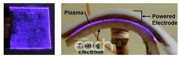 유연 전극의 윗면과 측면에서 발생하는 플라즈마 사진(자료제공 : 경기도)