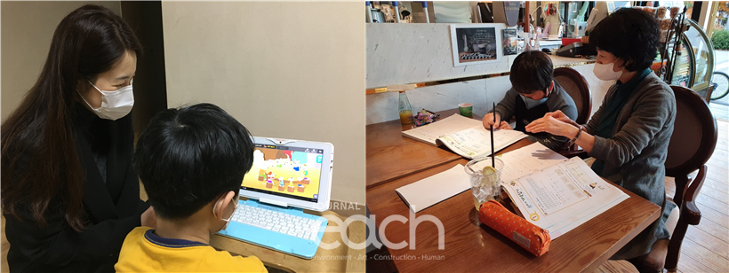 AI 스마트 스쿨링 교육(왼쪽)과 서리풀 샘 멘토링(오른쪽)(자료제공 : 서초구청)