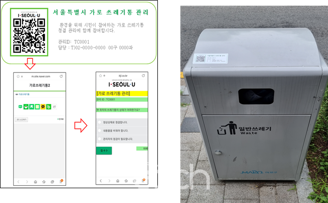(좌)가로쓰레기통 QR 코드 사진, (우)QR부착 가로쓰레기통 사진 (자료제공 : 서울특별시)
