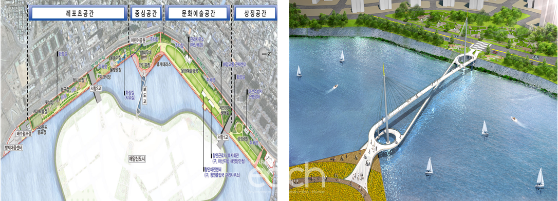 〈그림 4〉 마산항 서항지구 친수공간 정비사업 계획      〈그림 5〉서항지구 보도교 조감도