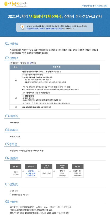 2021년 2학기 '서울희망 대학 장학금' 공고 안내 (자료제공 : 서울장학재단)