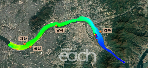 한강 상수원구간 남조류 농도 예측결과 예시 (자료제공 : 서울특별시)