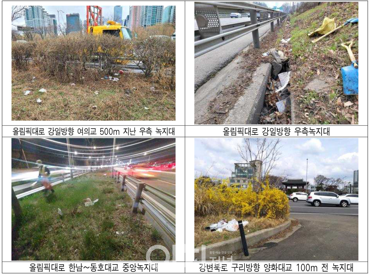 전용도로 및 녹지대 생활쓰레기 무단 투기 사례 (자료제공 : 서울시설공단)