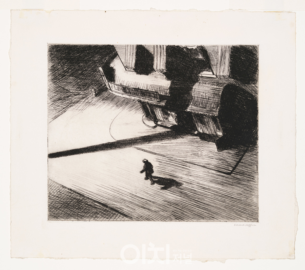에드워드 호퍼, 〈밤의 그림자〉, 1921. 에칭, 24.4 x 27.9 cm