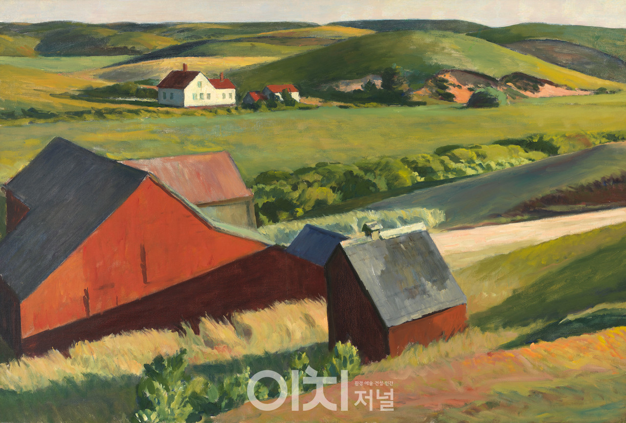 에드워드 호퍼, 〈콥의 헛간과 떨어져 있는 먼 집들〉, 1930–33. 캔버스에 유채, 74 × 109.5 cm