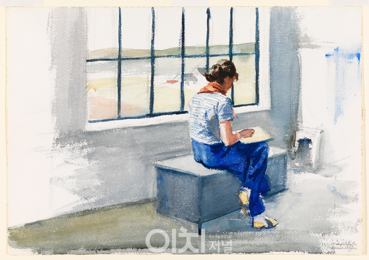 에드워드 호퍼, 〈트루로 집에서 스케치하는 조〉, 1934– 38. 종이에 수채, 연필, 35.6 × 50.8 cm