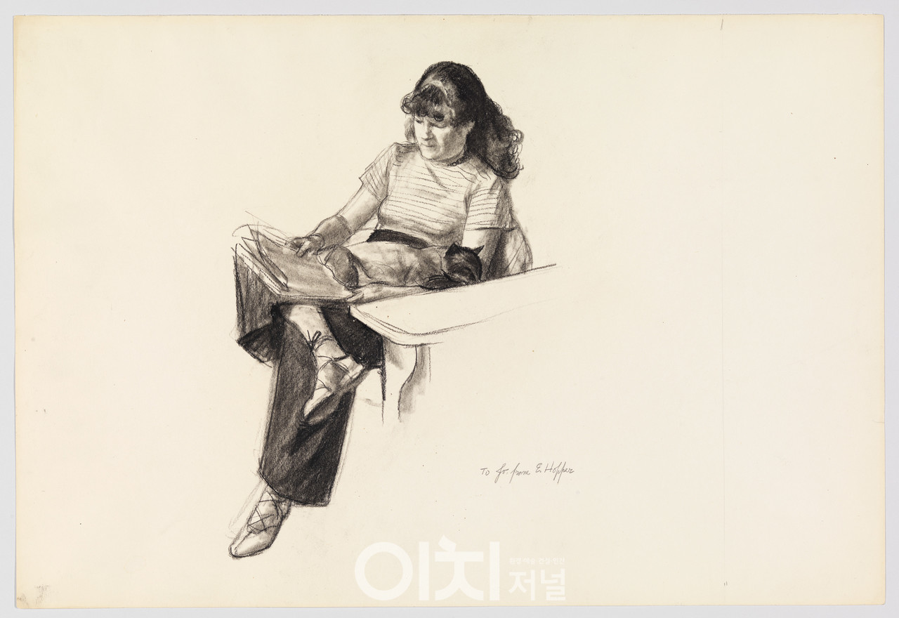 에드워드 호퍼, 〈독서하는 조 호퍼〉, 1935–40년경. 종이에 콩테, 목탄, 38.3 × 56.2 cm