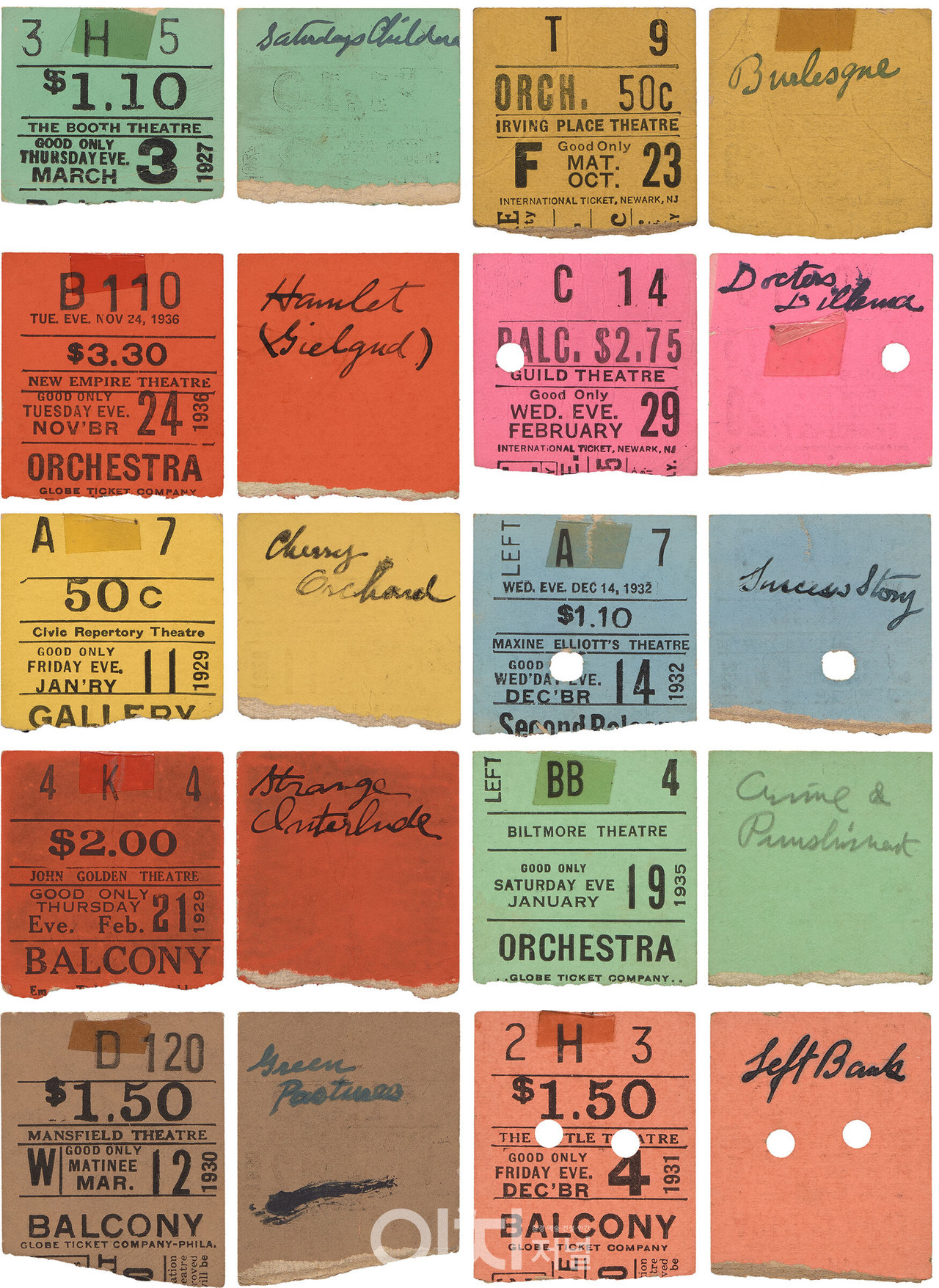 호퍼 부부가 관람한 연극 티켓 모음, 1925–36