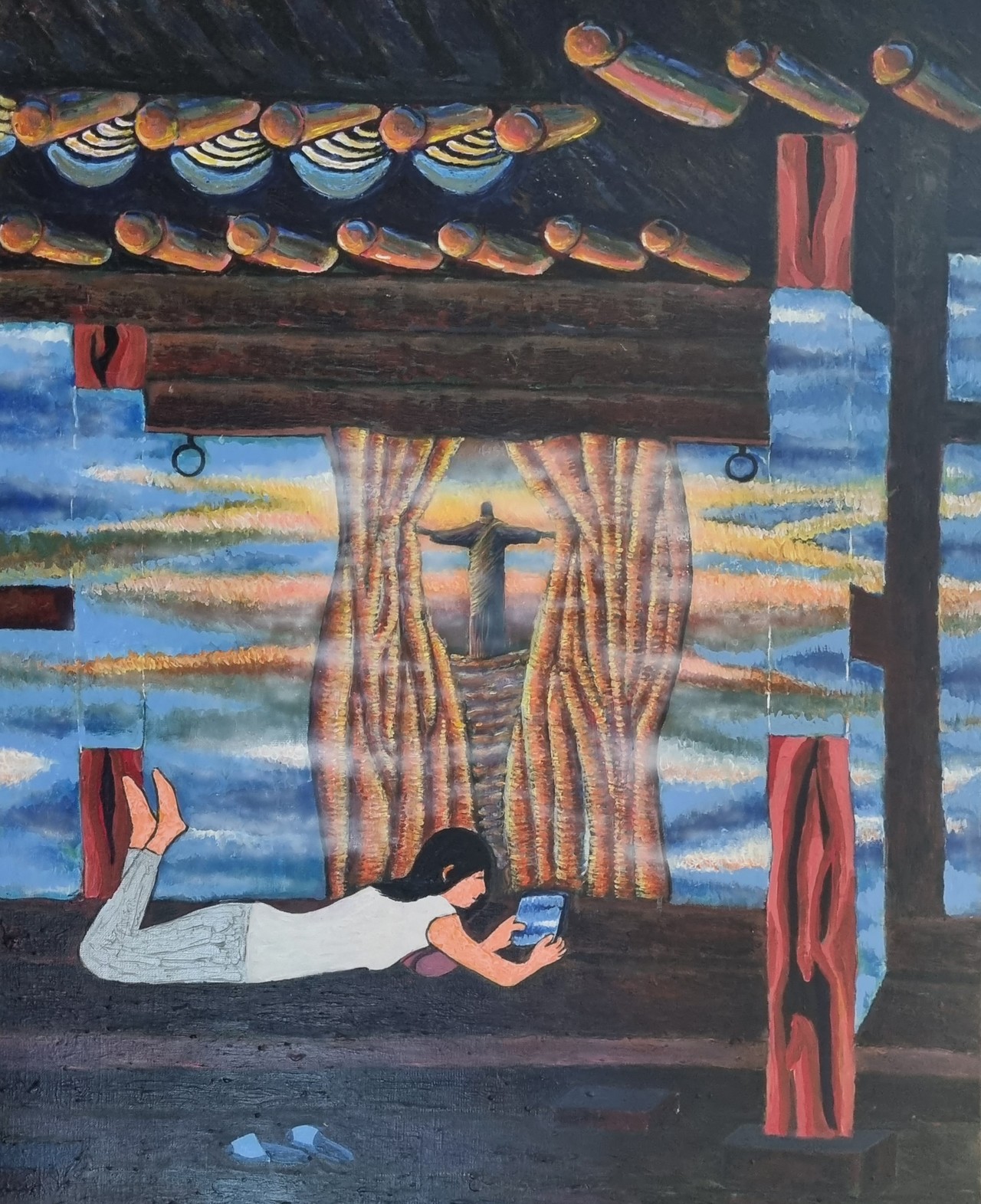 한옥과 리우의 예수상  90*72 cm Acrylic on canvas 2023