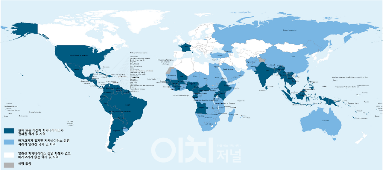 지카바이러스 전파 국가(영토), 2024. 5월 기준, WHO