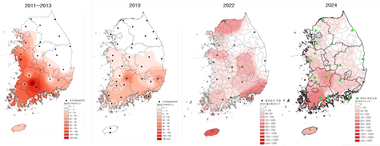 국내 쯔쯔가무시증 주요 매개체인 활순털진드기의 분포지역