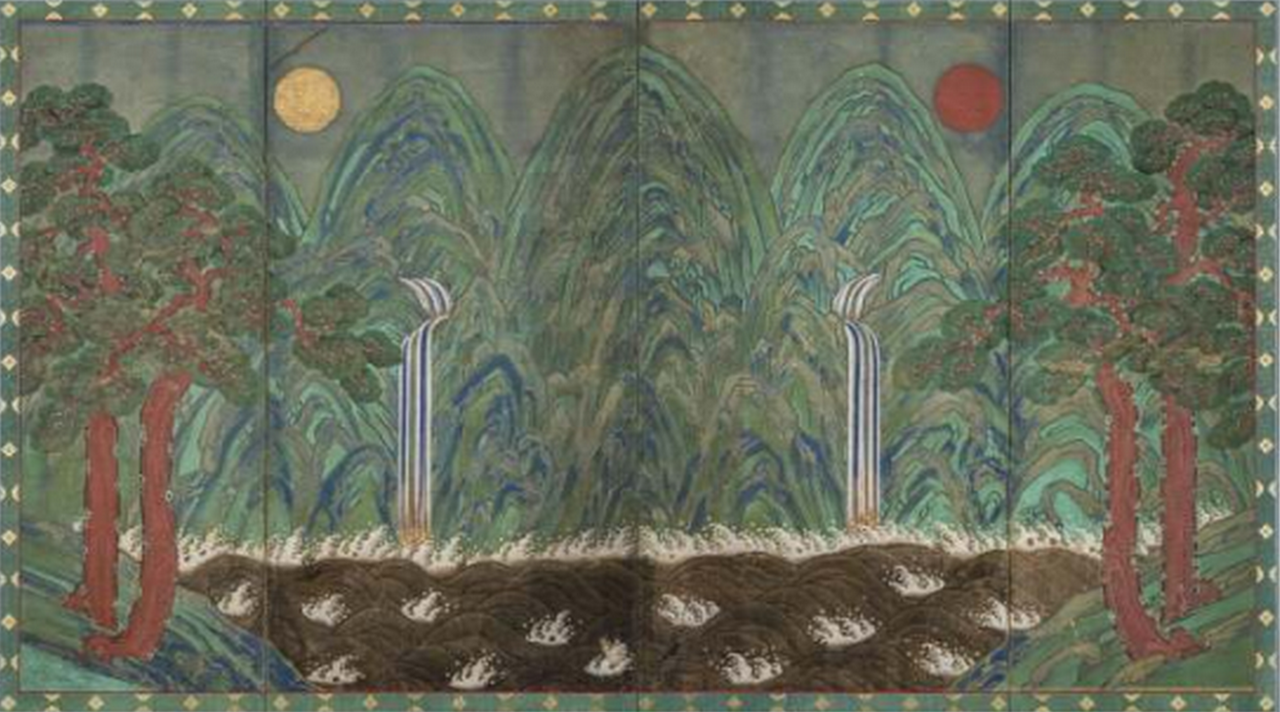 일월오봉도 병풍 日月五峰圖 屛風 , 조선, 비단에 채색, 전체 247.7x438.2cm