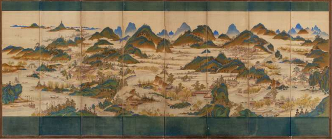 강남춘의도 병풍 江南春意圖 屛風, 조선, 비단에 채색, 전체 129.2x302cm